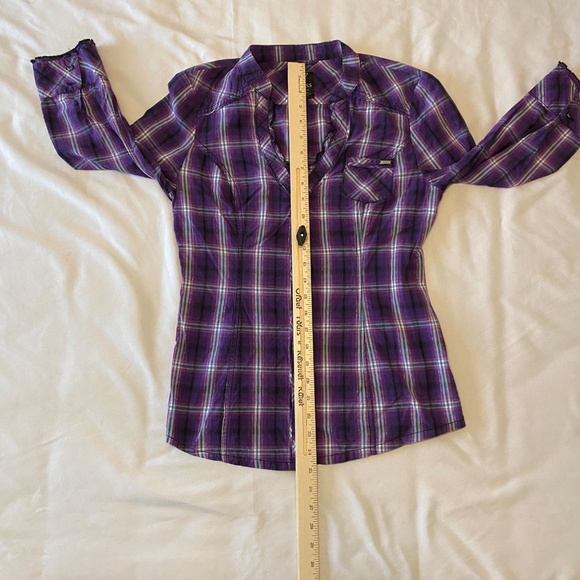 Guess Purple‎ Plaid Button Down Shirt 3/4 Sleeve  M - Picture 4 of 11
